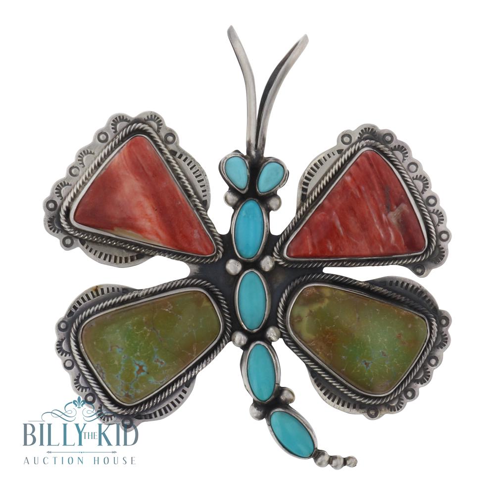 Marvin Mcreeves Fox Turquoise & Spiny Oyster Butterfly: Sterling Silver | Genuine Turquoise & Spiny Oyster | Marvin Mcreeves Fox Turquoise & Spiny Oyster Butterfly | Navajo Native American Southwest Indian Jewelry | Weight:40.8 Grams, | Dimensions: Pendant