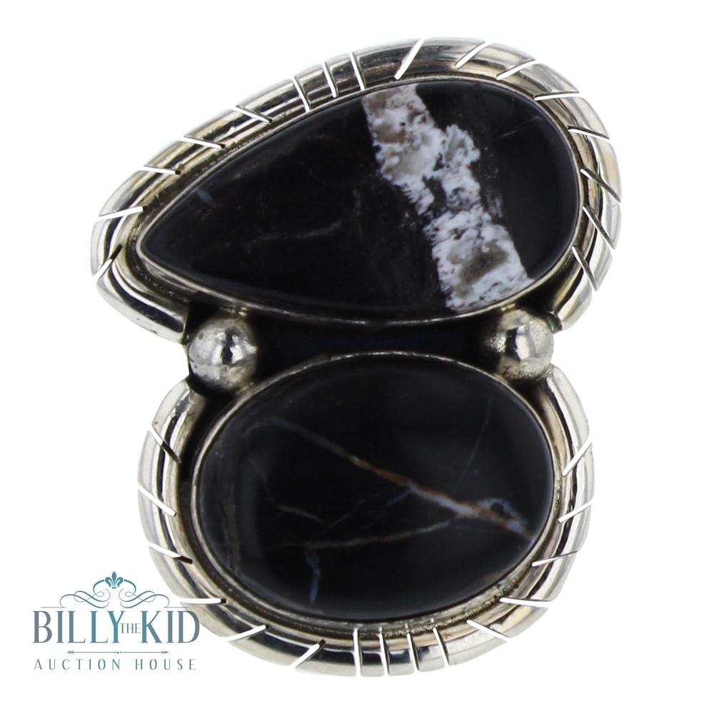 White Lightning White Buffalo Freeform Ring: Sterling Silver | Genuine White Lighting White Buffalo | White Lightning White Buffalo Freeform Ring | Navajo Native American Southwest Indian Jewelry | Weight:20.1 Grams, | Dimensions: Ring: 8 size, 