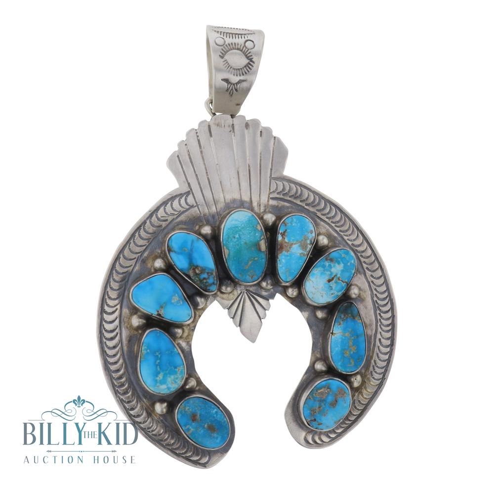 Larry Spencer Blue Ridge Turquoise Naja Pendant: Sterling Silver | Genuine Blue Ridge Turquoise | Larry Spencer Blue Ridge Turquoise Naja Pendant | Navajo Native American Southwest Indian Jewelry | Weight:39.6 Grams, | Dimensions: Pendant: 2.75" x 3