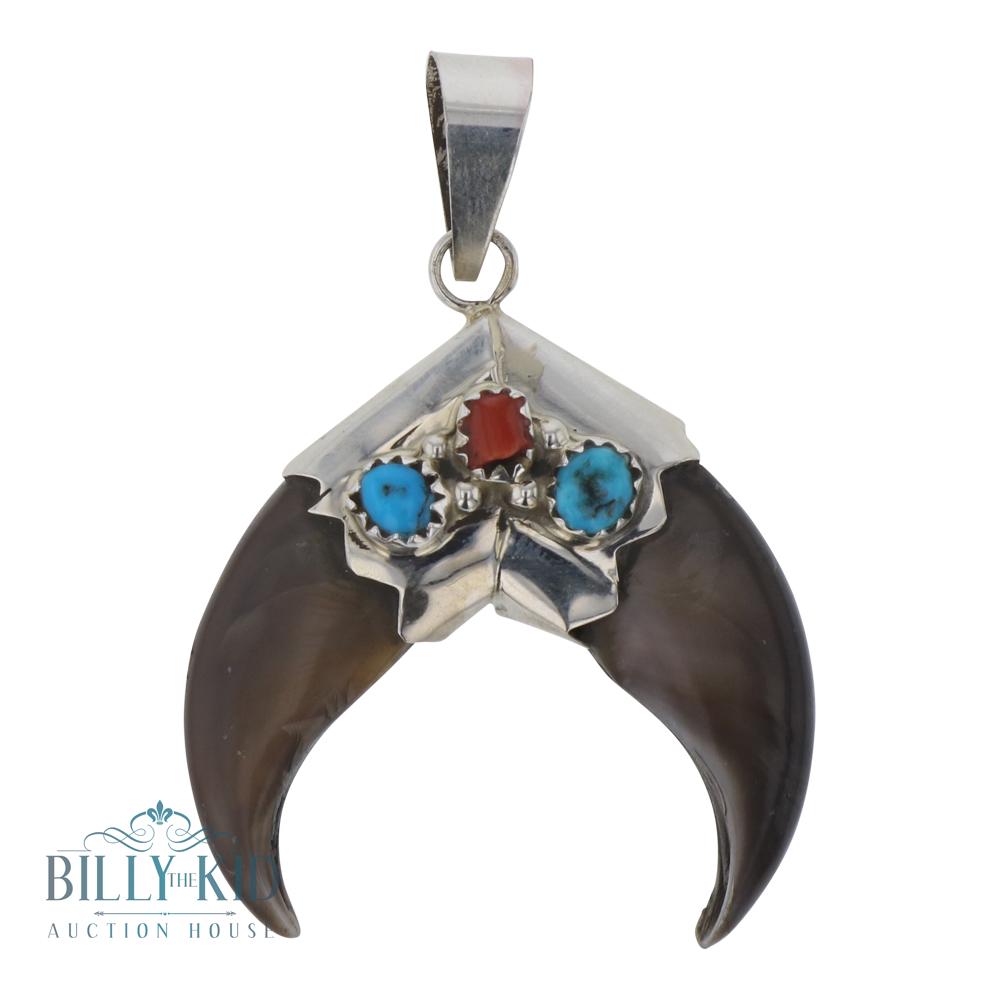 Vintage Kingman Turquoise & Coral Bear Claw Pendant (1 of 2)