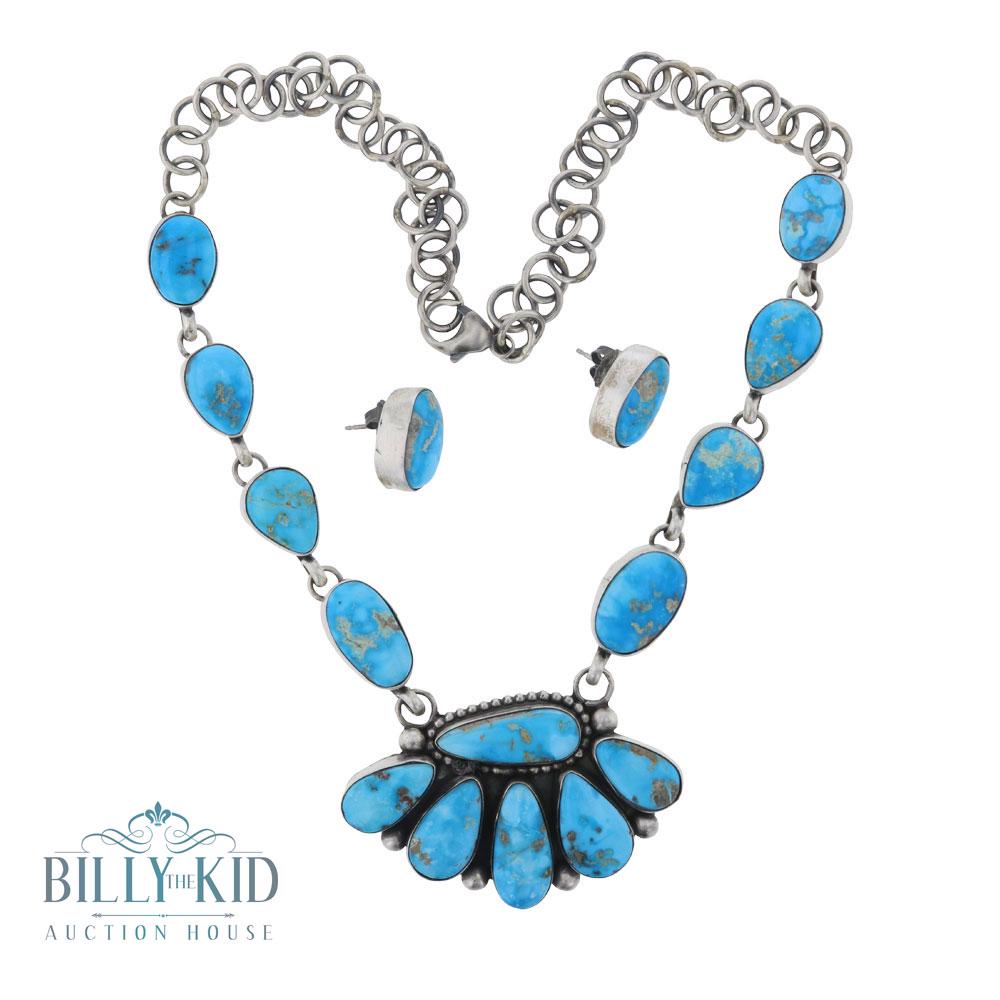 Beatty Tom Freeform Kingman Turquoise Necklace &: Sterling Silver | Genuine Kingman Turquoise | Beatty Tom Freeform Kingman Turquoise Necklace & Earrings | Navajo Native American Southwest Indian Jewelry | Weight:64.6 Grams, | Dimensions: Necklace: 1