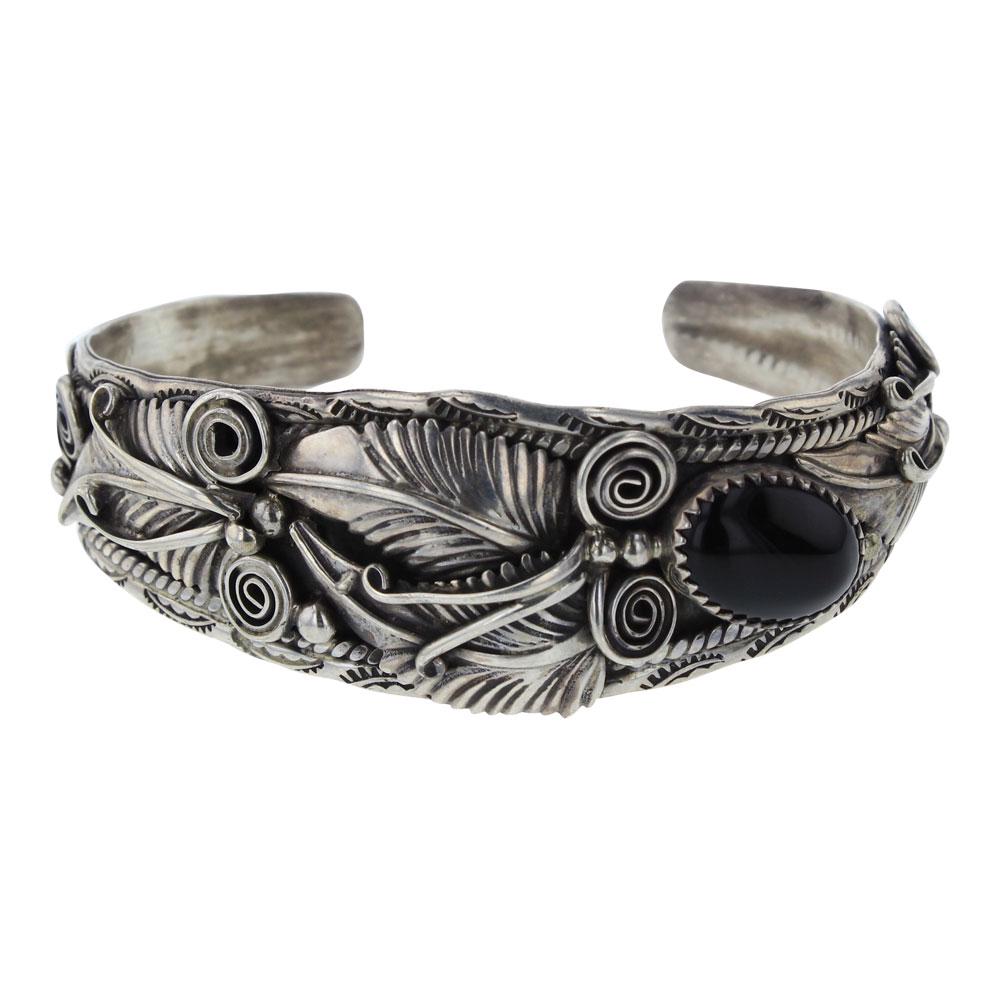Old Pawn Feather Black Onyx Cuff Bracelet (1 of 3)