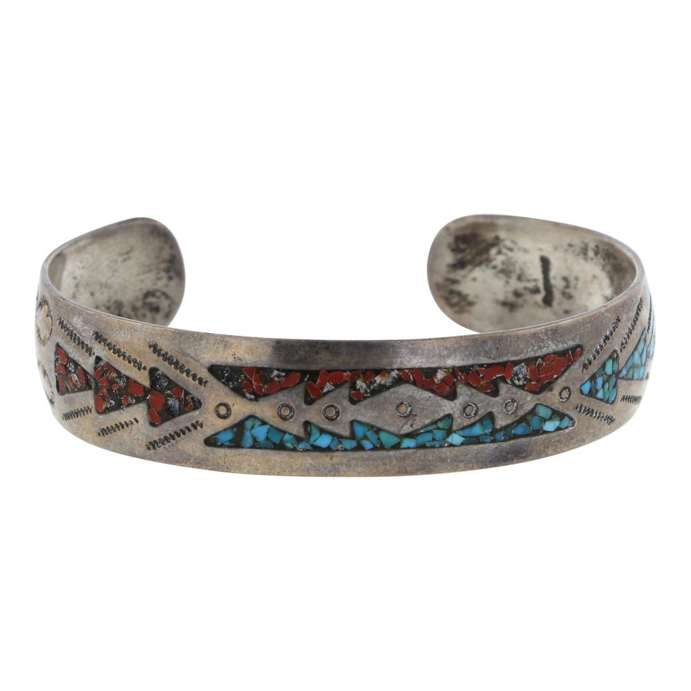 Old Pawn Turquoise & Coral Chip Inlay Cuff Bracelet (1 of 3)