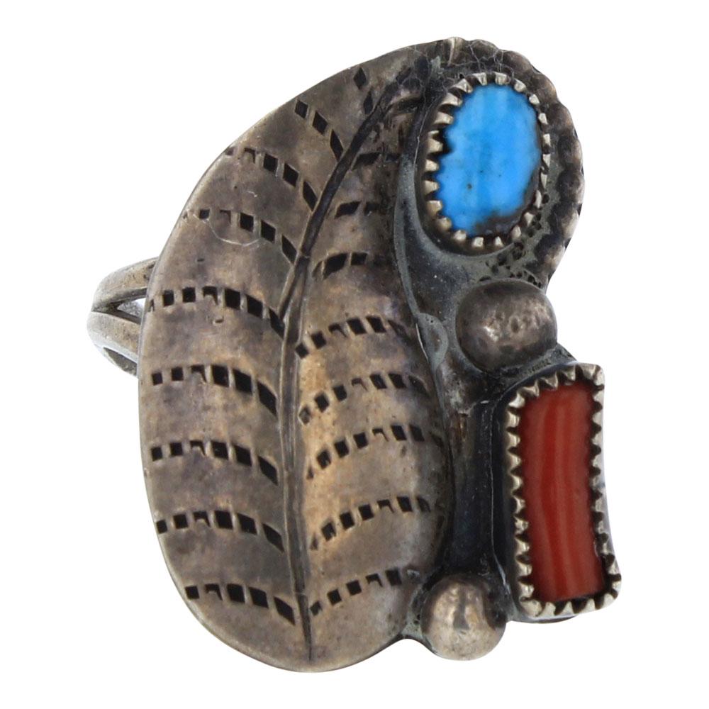 Old Pawn Turquoise & Coral Leaf Ring (1 of 3)