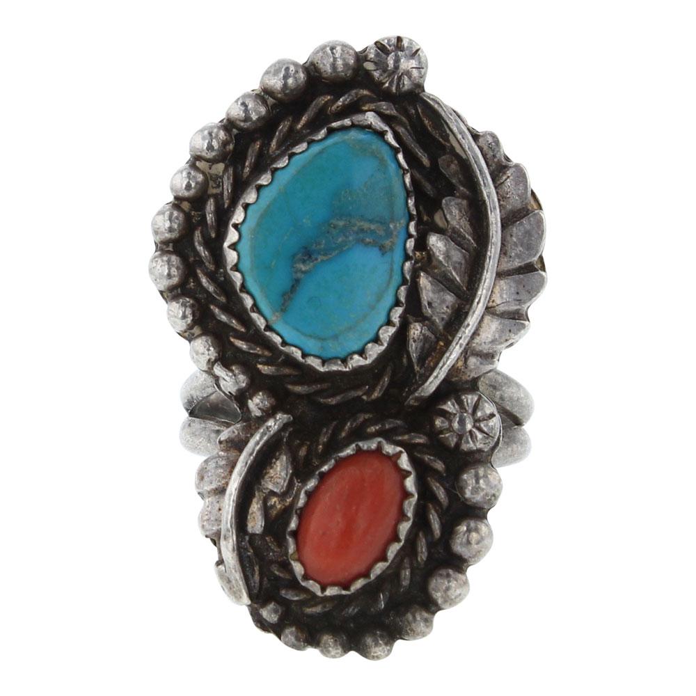 Old Pawn Turquoise & Coral Leaf Ring (1 of 3)