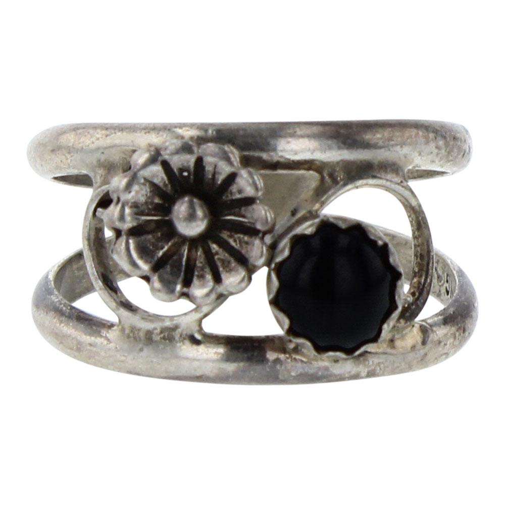 DG Black Onyx Flower Ring: Sterling Silver | Genuine Black Onyx | DG Black Onyx Flower Ring | Navajo Native American Southwest Indian Jewelry | Weight:2.6 Grams, | Dimensions: Ring: 5.5 size, .5" face width | Signed: DG