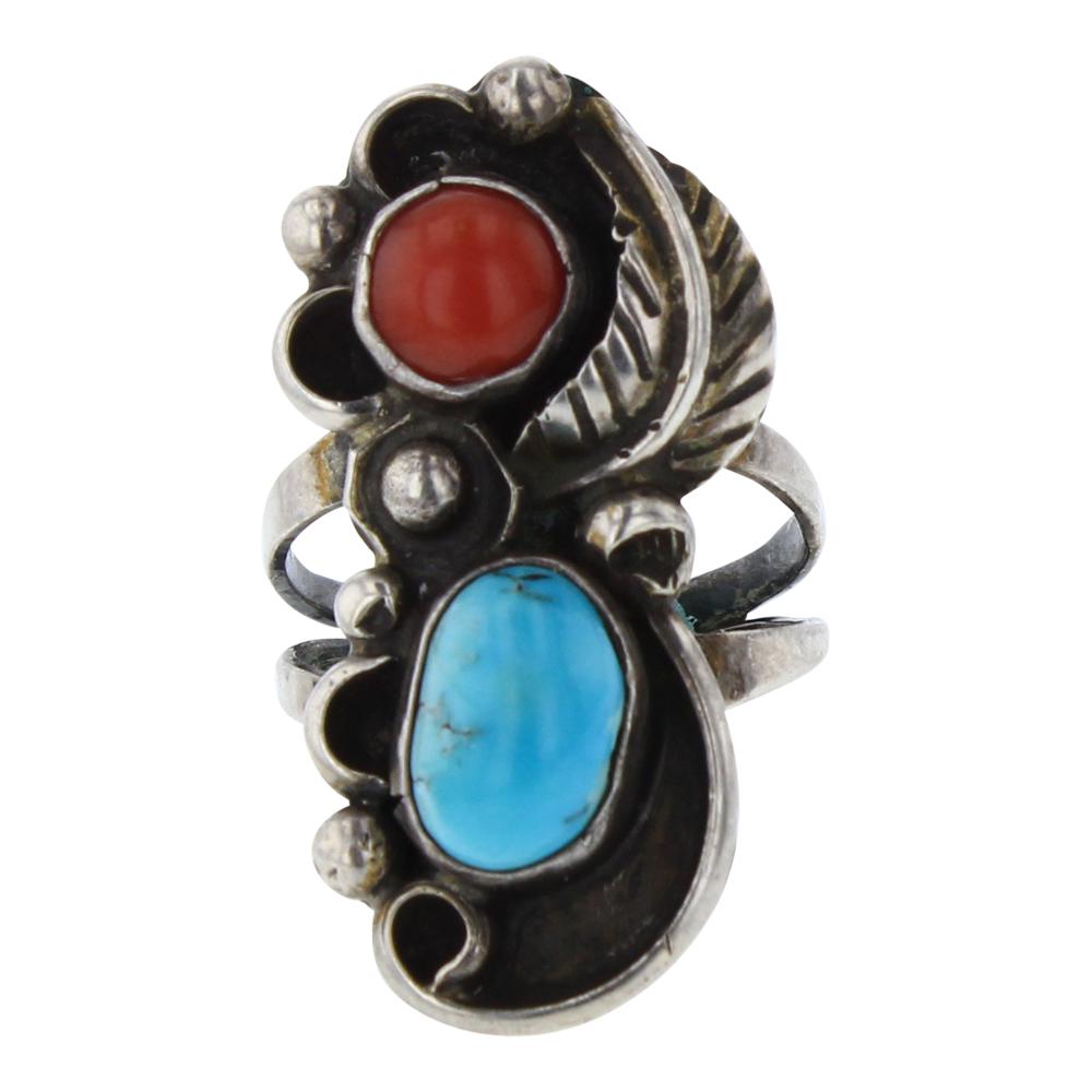 Vintage Turquoise & Coral Ring: Sterling Silver | Genuine Turquoise & Coral | Vintage Turquoise & Coral Ring | Navajo Native American Southwest Indian Jewelry | Weight:5.2 Grams, | Dimensions: Ring: 5 size, 1" face width |