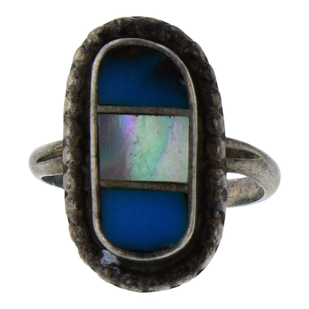 Vintage Turquoise & Mother of Pear Inlay Ring: Sterling Silver | Genuine Turquoise & Mother of Pearl | Vintage Turquoise & Mother of Pear Inlay Ring | Navajo Native American Southwest Indian Jewelry | Weight:5.3 Grams, | Dimensions: Ring: 5.5 size