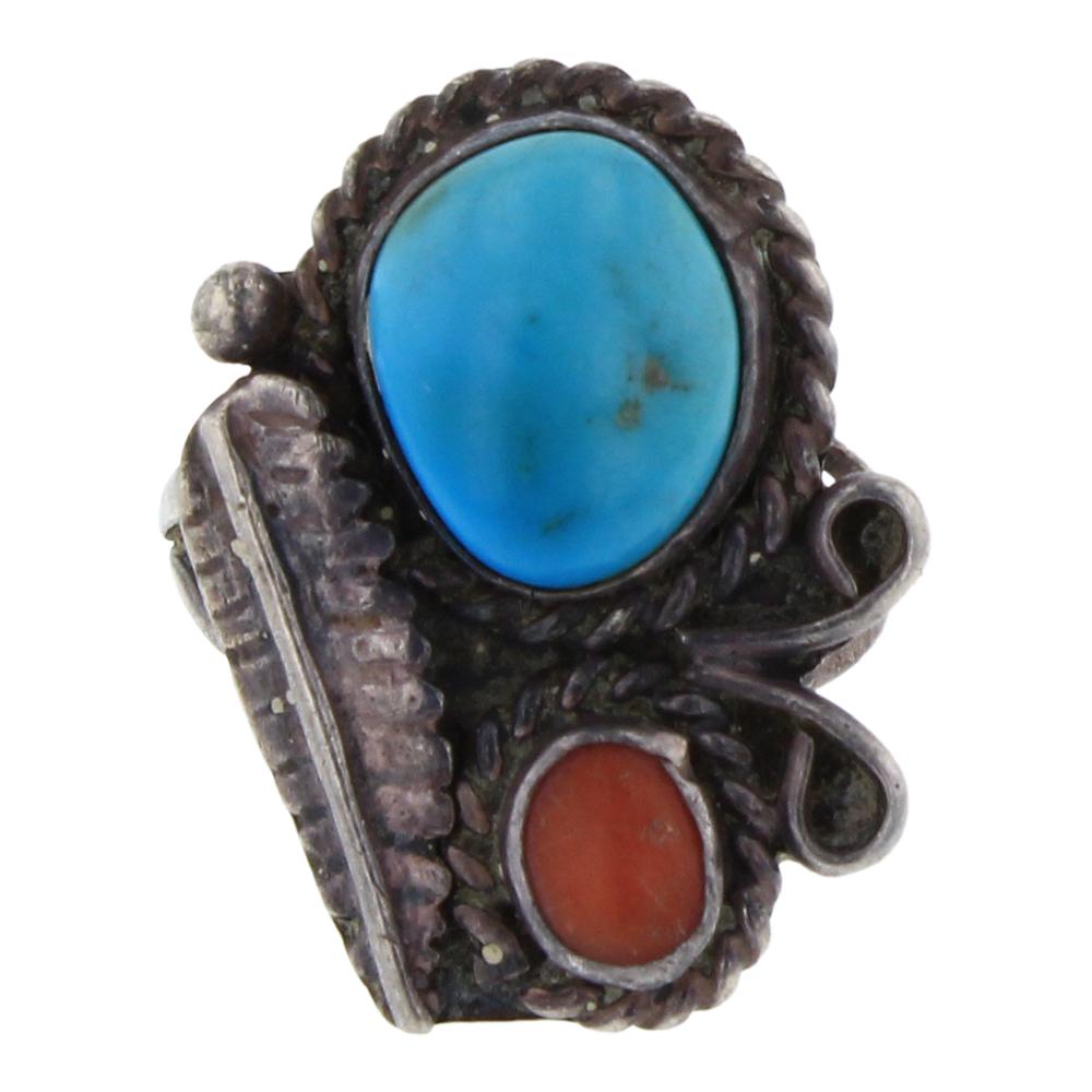 Vintage Kingman Turquoise & Coral Ring: Sterling Silver | Genuine Kingman Turquoise & Coral | Vintage Kingman Turquoise & Coral Ring | Navajo Native American Southwest Indian Jewelry | Weight:5.5 Grams, | Dimensions: Ring: 5.5 size, 1" face