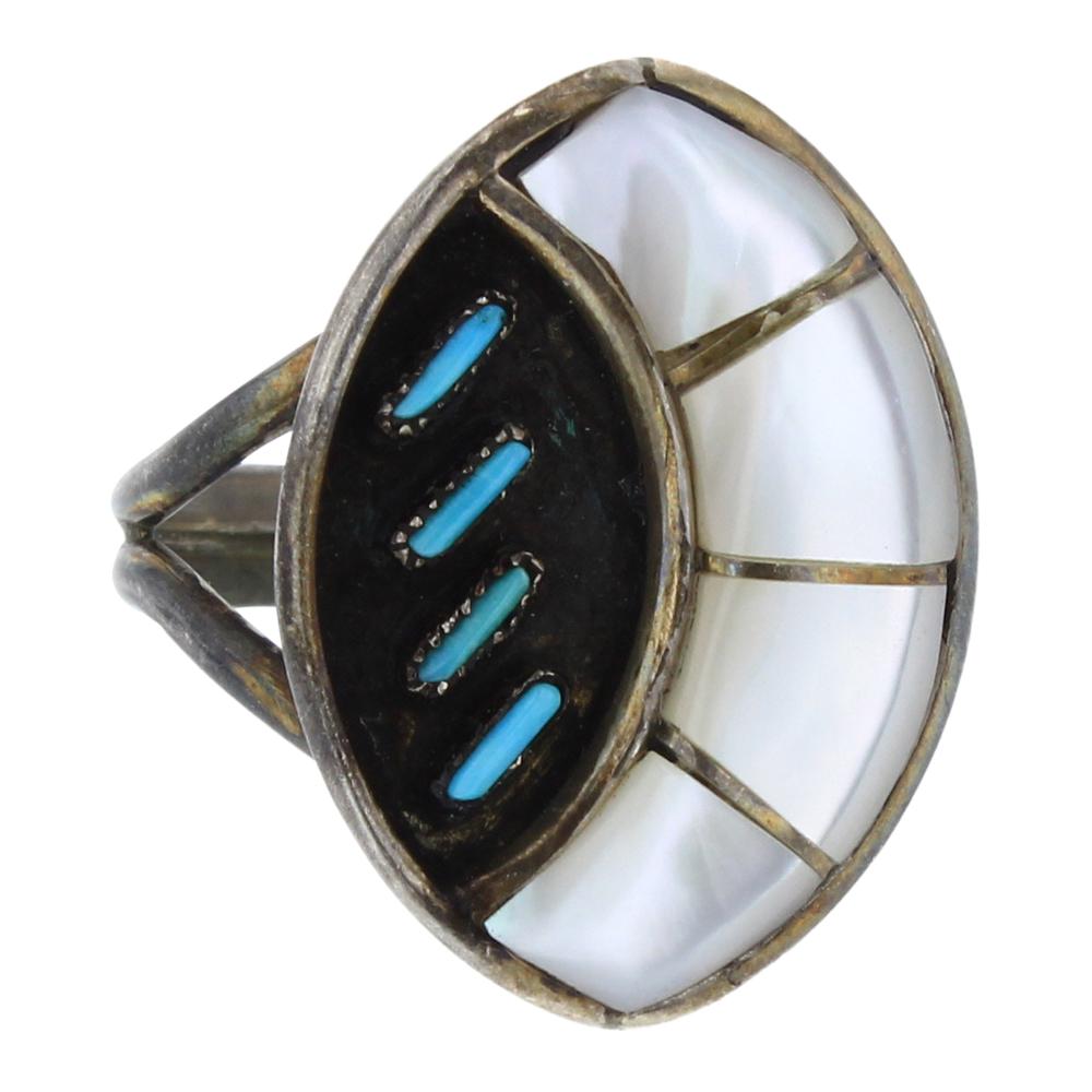King Vintage Turquoise & Mother of Pear Zuni Inlay Ring: Sterling Silver | Genuine Turquoise & Mother of Pearl | King Vintage Turquoise & Mother of Pear Zuni Inlay Ring | Zuni Native American Southwest Indian Jewelry | Weight:6 Grams, | Dimensions: Ring: 9 