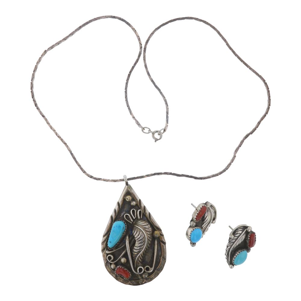 Vintage Kingman Turquoise & Coral Leaf Necklace & (1 of 3)