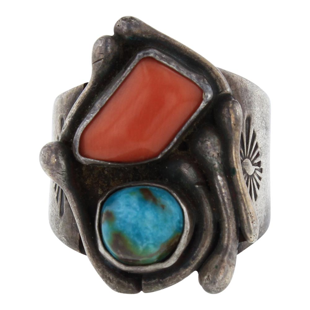 Old Pawn Turquoise & Coral Branch Ring: Sterling Silver | Genuine Turquoise & Coral | Old Pawn Turquoise & Coral Branch Ring | Navajo Native American Southwest Indian Jewelry | Weight:17.4 Grams, | Dimensions: Ring: 11 size, 1.25" face widt