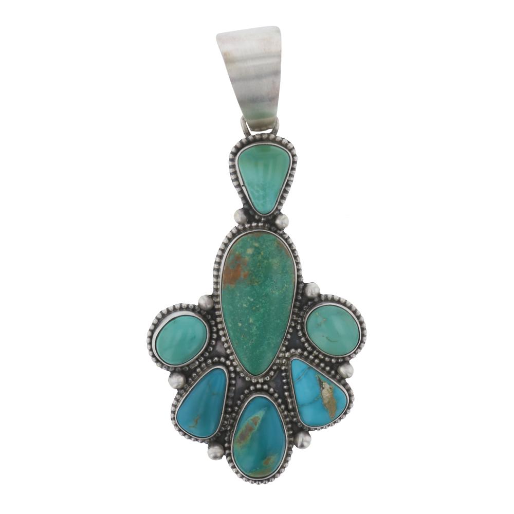 Beatty Tom Manassas Turquoise Pendant: Sterling Silver | Genuine Manassas Turquoise | Beatty Tom Manassas Turquoise Pendant | Navajo Native American Southwest Indian Jewelry | Weight:38.2 Grams, | Dimensions: Pendant: 2" x 4" | Signed: Bea