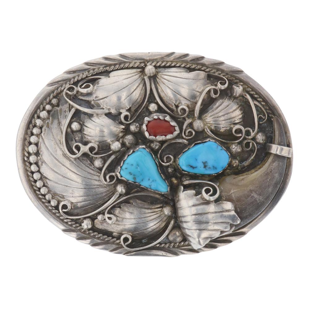 Old Pawn Kingman Turquoise & Coral Bear Claw Belt (1 of 2)