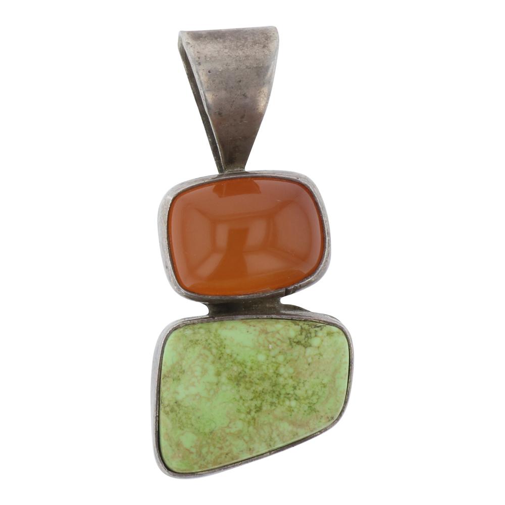 Beatty Tom Vintage Carnelian & Gaspeite Pendant: Sterling Silver | Genuine Carnelian & Gaspeite | Beatty Tom Vintage Carnelian & Gaspeite Pendant | Navajo Native American Southwest Indian Jewelry | Weight: 12.5 Grams, | Dimensions: Pendant: .75" x 1