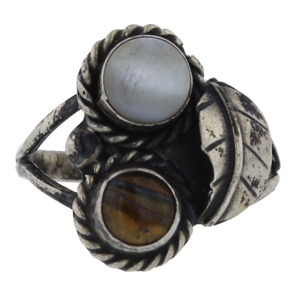 Vintage Mother Mixed Stone Leaf Ring: Sterling Silver | Genuine Mother of Pearl & Tigers Eye | Vintage Mother Mixed Stone Leaf Ring | Navajo Native American Southwest Indian Jewelry | Weight: 3.9 Grams, | Dimensions: Ring: 9 size, .75" fa