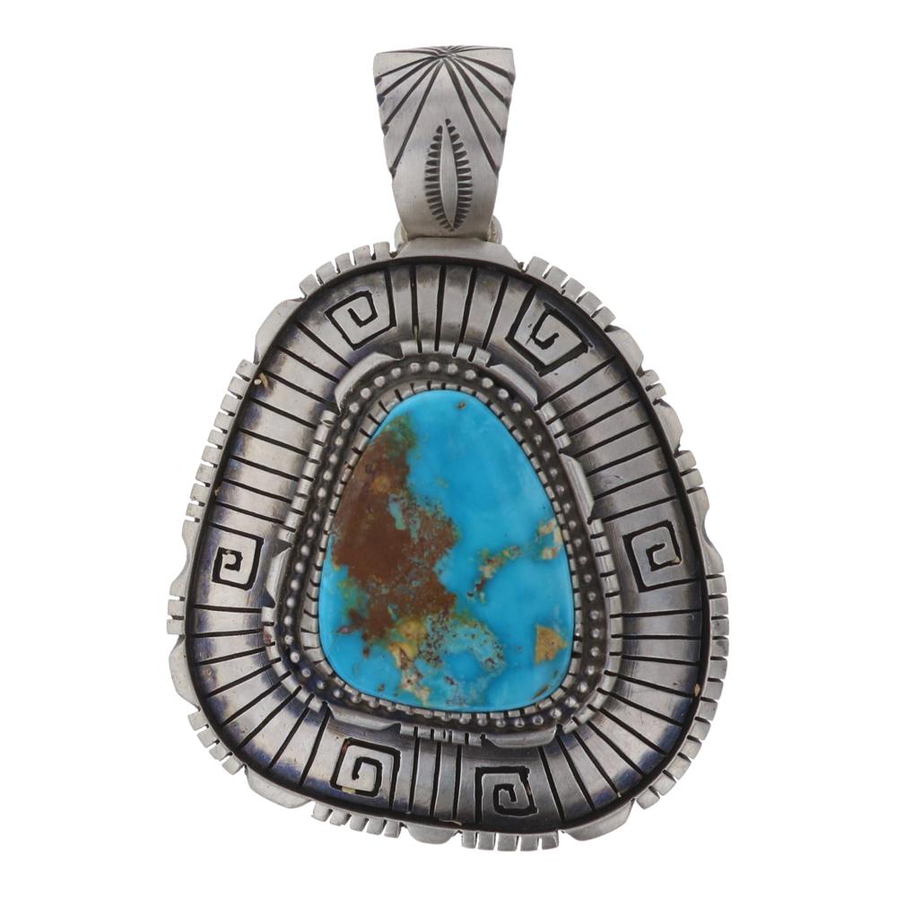 Lorenzo Juan Blue Ridge Turquoise Pendant: Sterling Silver | Genuine Blue Ridge Turquoise | Lorenzo Juan Blue Ridge Turquoise Pendant | Navajo Native American Southwest Indian Jewelry | Weight: 57.1 Grams, | Dimensions: Pendant: 2" x 3" | Sign