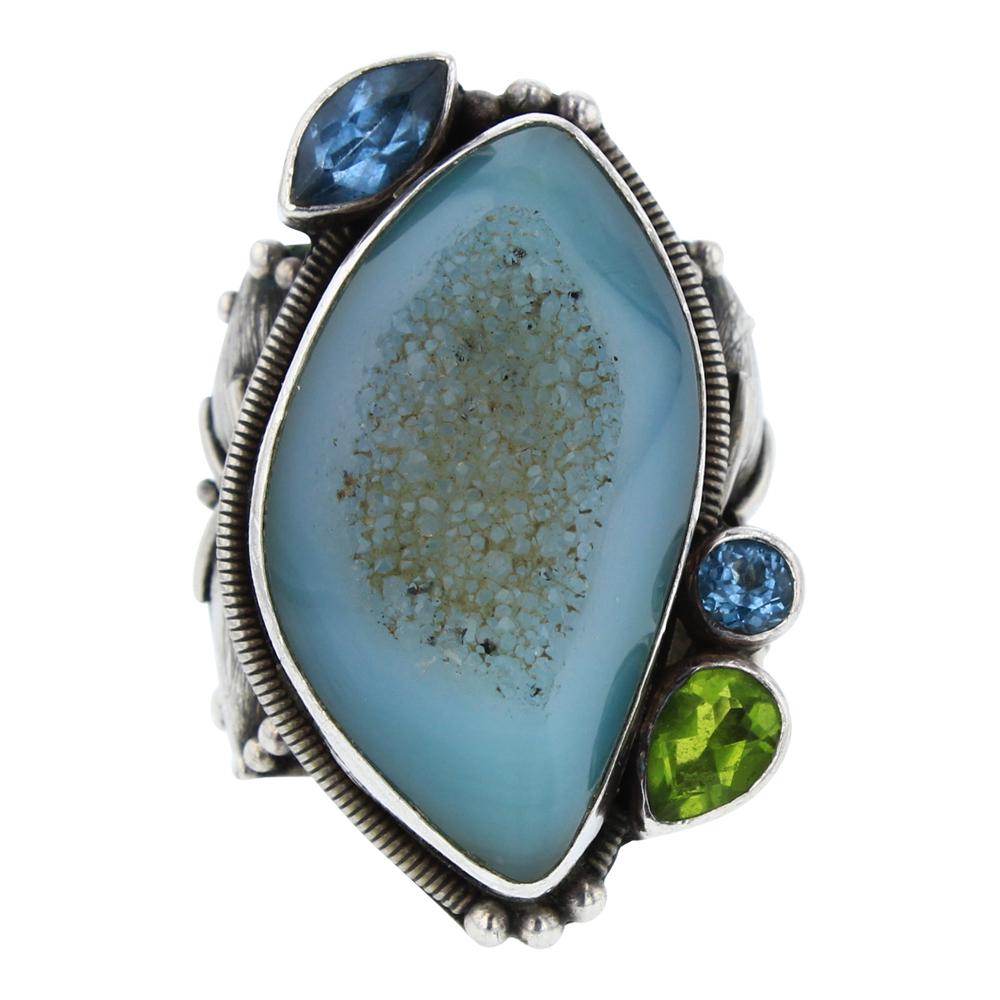 Vintage Drusy Topaz & Peridot Ring: Sterling Silver | Genuine Drusy Topaz & Peridot | Vintage Drusy Topaz & Peridot Ring | Navajo Native American Southwest Indian Jewelry | Weight: 23.8 Grams, | Dimensions: Ring: 7.25 size, 1.5" face wi