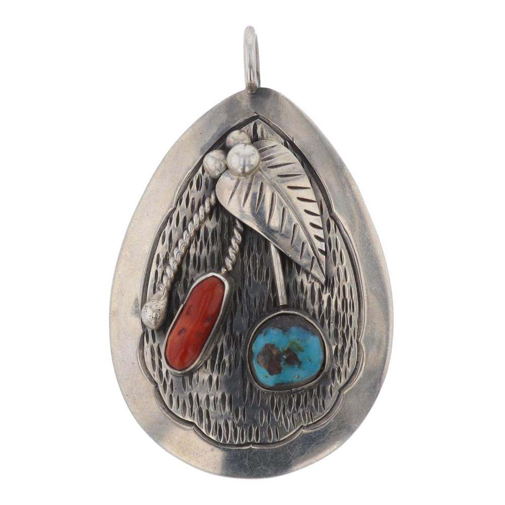 Old Pawn Turquoise & Coral Pendant: Sterling Silver | Genuine Turquoise & Coral | Old Pawn Turquoise & Coral Pendant | Navajo Native American Southwest Indian Jewelry | Weight: 18.9 Grams, | Dimensions: Pendant: 1.5" x 2.25" |