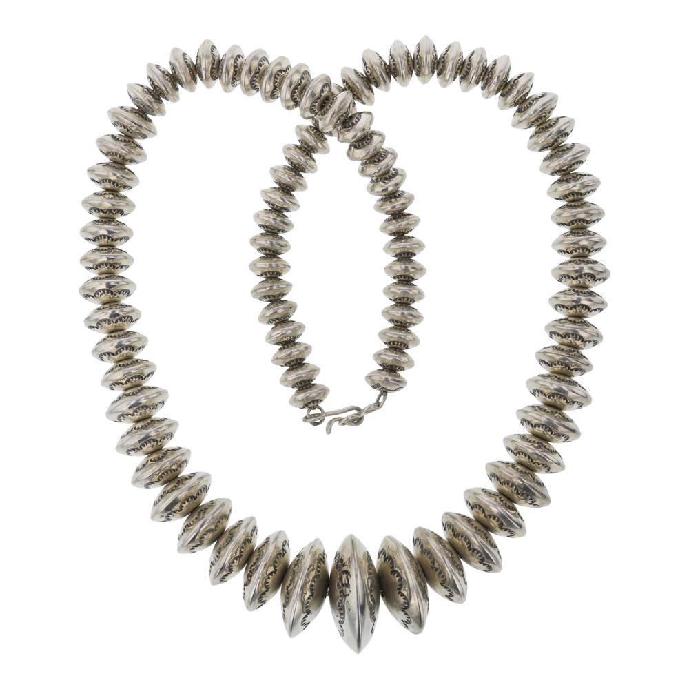 Larry Pinto Graduated Stamped Heavy Saucer Beads: Sterling Silver | | Larry Pinto Graduated Stamped Heavy Saucer Beads Necklace | Navajo Native American Southwest Indian Jewelry | Weight: 150.6 Grams, | Dimensions: Necklace: 20" length, bead diameter