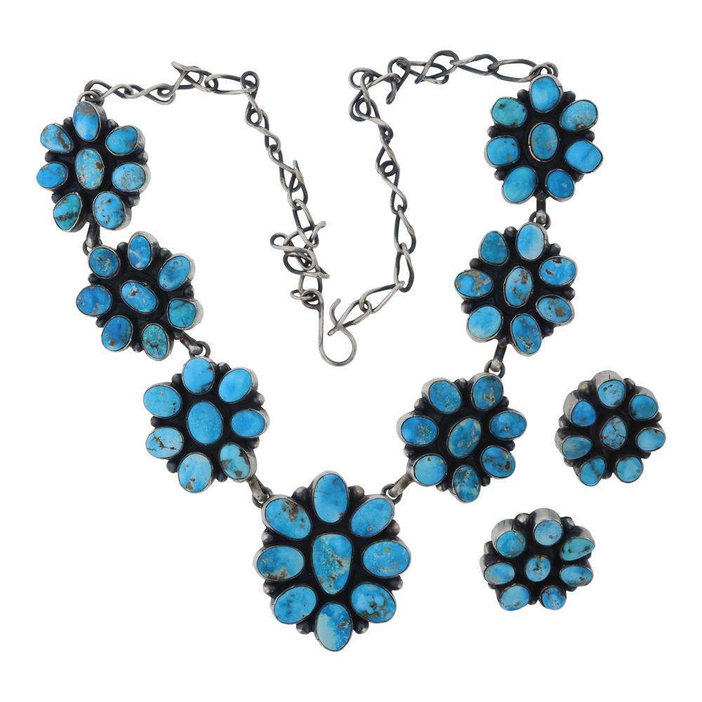 Paul Livingston Blue Ridge Turquoise Cluster Necklace &: Sterling Silver | Genuine Blue Ridge Turquoise | Paul Livingston Blue Ridge Turquoise Cluster Necklace & Earrings Set | Navajo Native American Southwest Indian Jewelry | Weight: 130.4 Grams, | Dimensi