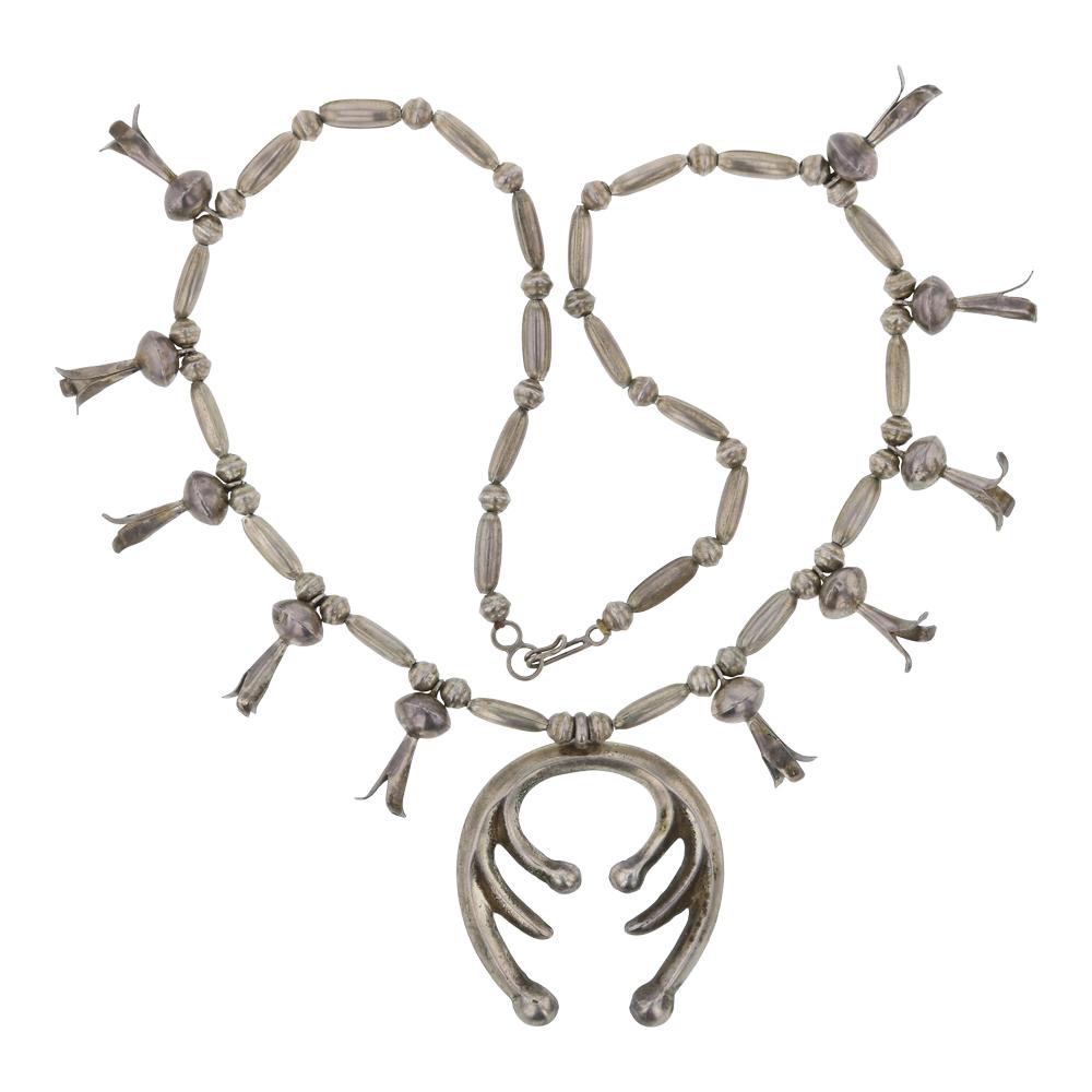 Old pawn Squash Blossom Necklace: Sterling Silver | | Old pawn Squash Blossom Necklace | Navajo Native American Southwest Indian Jewelry | Weight: 72.4 Grams, | Dimensions: Necklace: 24" length, 2" x 2.5" center pendant |