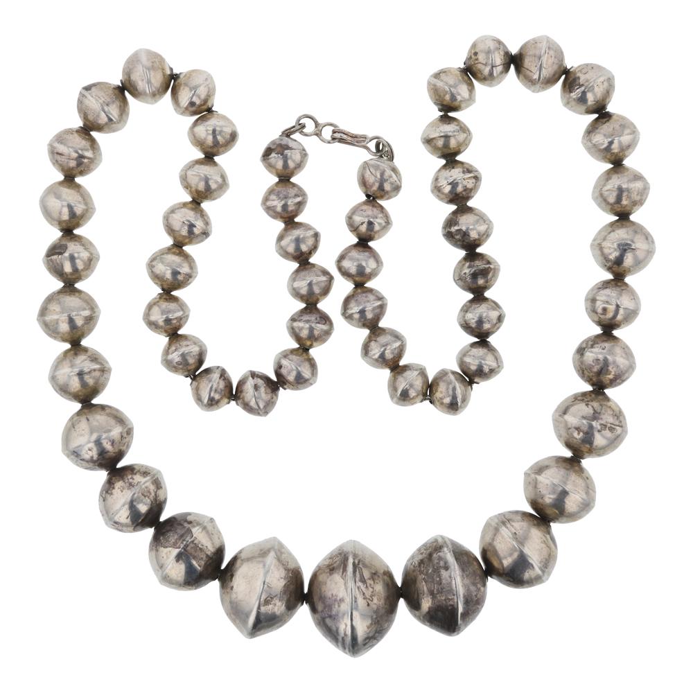 Vintage Graduated Bench Beads Necklace: Sterling Silver | | Vintage Graduated Bench Beads Necklace | Navajo Native American Southwest Indian Jewelry | Weight: 108.2 Grams, | Dimensions: Necklace: 24" length, bead diameters range from .5" to