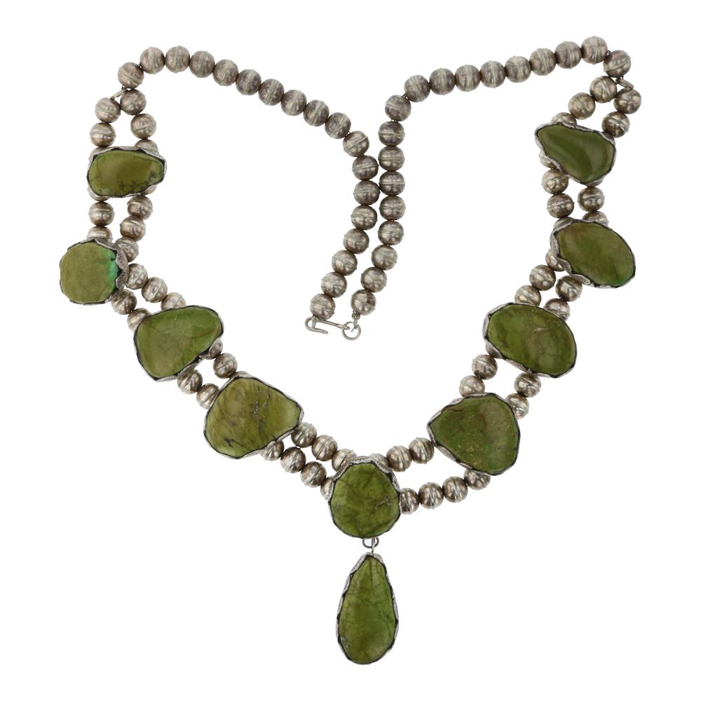 Old Pawn Emerald Valley Turquoise Necklace: Sterling Silver | Genuine Emerald Valley Turquoise | Old Pawn Emerald Valley Turquoise Necklace | Navajo Native American Southwest Indian Jewelry | Weight: 115.8 Grams, | Dimensions: Necklace: 22" len