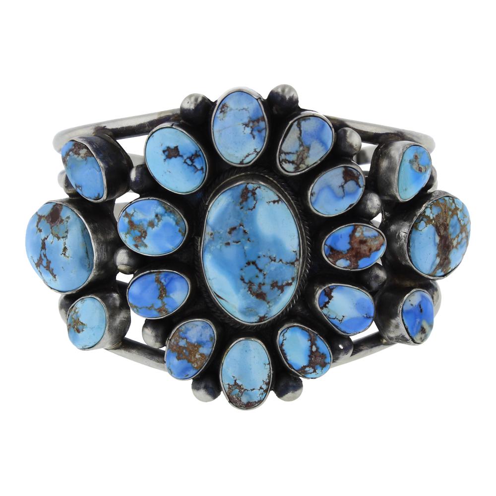 Bobby Johnson Golden Hill Turquoise Cluster Cuff: Sterling Silver | Genuine Golden Hill Turquoise | Bobby Johnson Golden Hill Turquoise Cluster Cuff Bracelet | Navajo Native American Southwest Indian Jewelry | Weight: 78.8 Grams, | Dimensions: Bracel