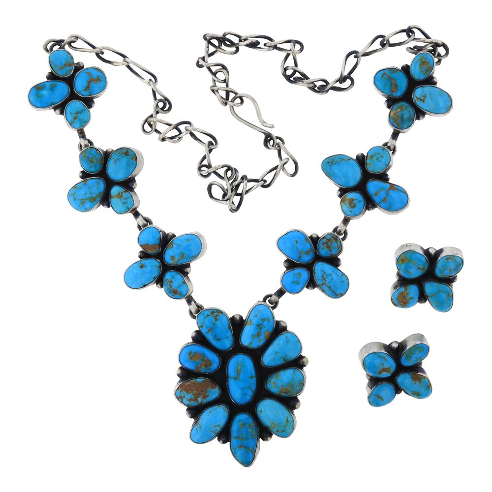 Paul Livingston Blue Bird Turquoise Necklace & Earrings: Sterling Silver | Genuine Blue Bird Turquoise | Paul Livingston Blue Bird Turquoise Necklace & Earrings Set | Navajo Native American Southwest Indian Jewelry | Weight: 111.5 Grams, | Dimensions: Neckl