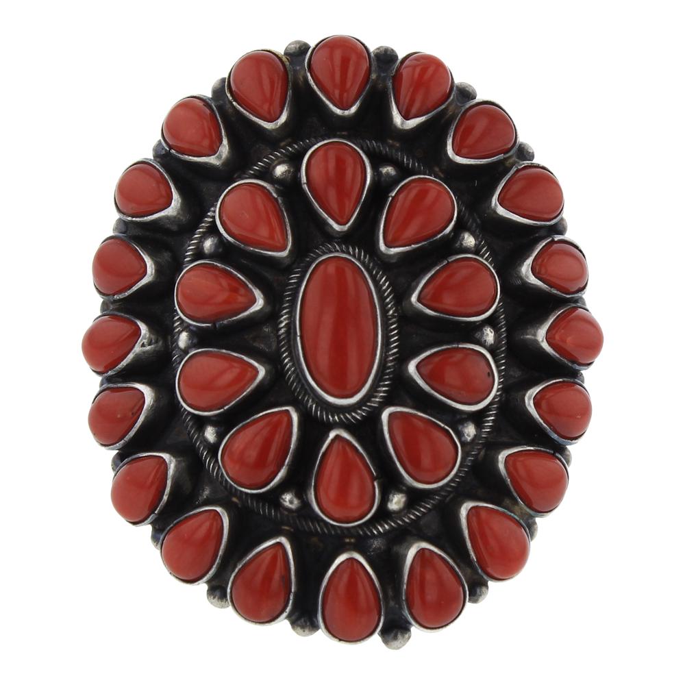 Paul Livingston Ox Blood Mediterranean Coral Domed: Sterling Silver | Genuine Mediterranean Coral | Paul Livingston Ox Blood Mediterranean Coral Domed Cluster Ring | Navajo Native American Southwest Indian Jewelry | Weight: 28.6 Grams, | Dimensions: Ri
