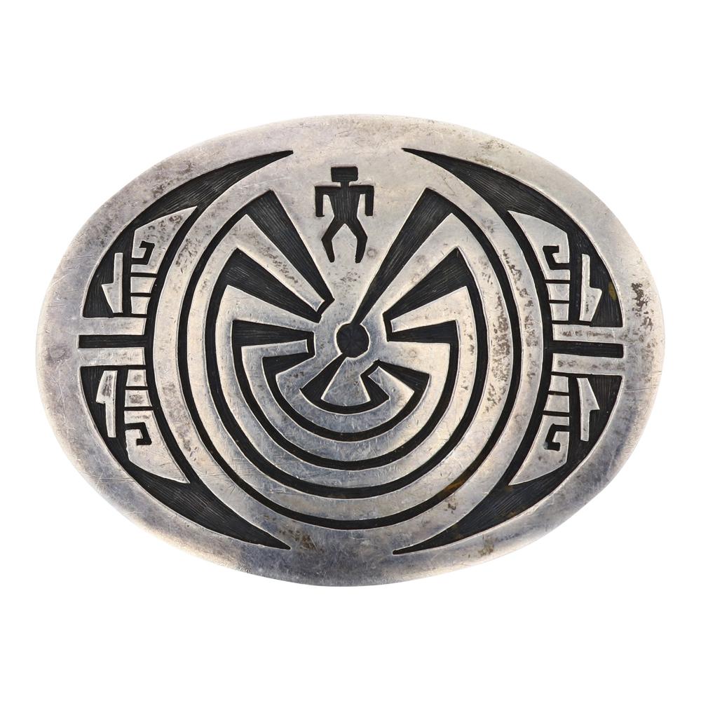 Benjamin Mansfield Old Pawn Hopi Man in the Maze Belt: Sterling Silver | | Benjamin Mansfield Old Pawn Hopi Man in the Maze Belt Buckle | Hopi Native American Southwest Indian Jewelry | Weight: 55.3 Grams, | Dimensions: Buckle: 3" x 2.25" |