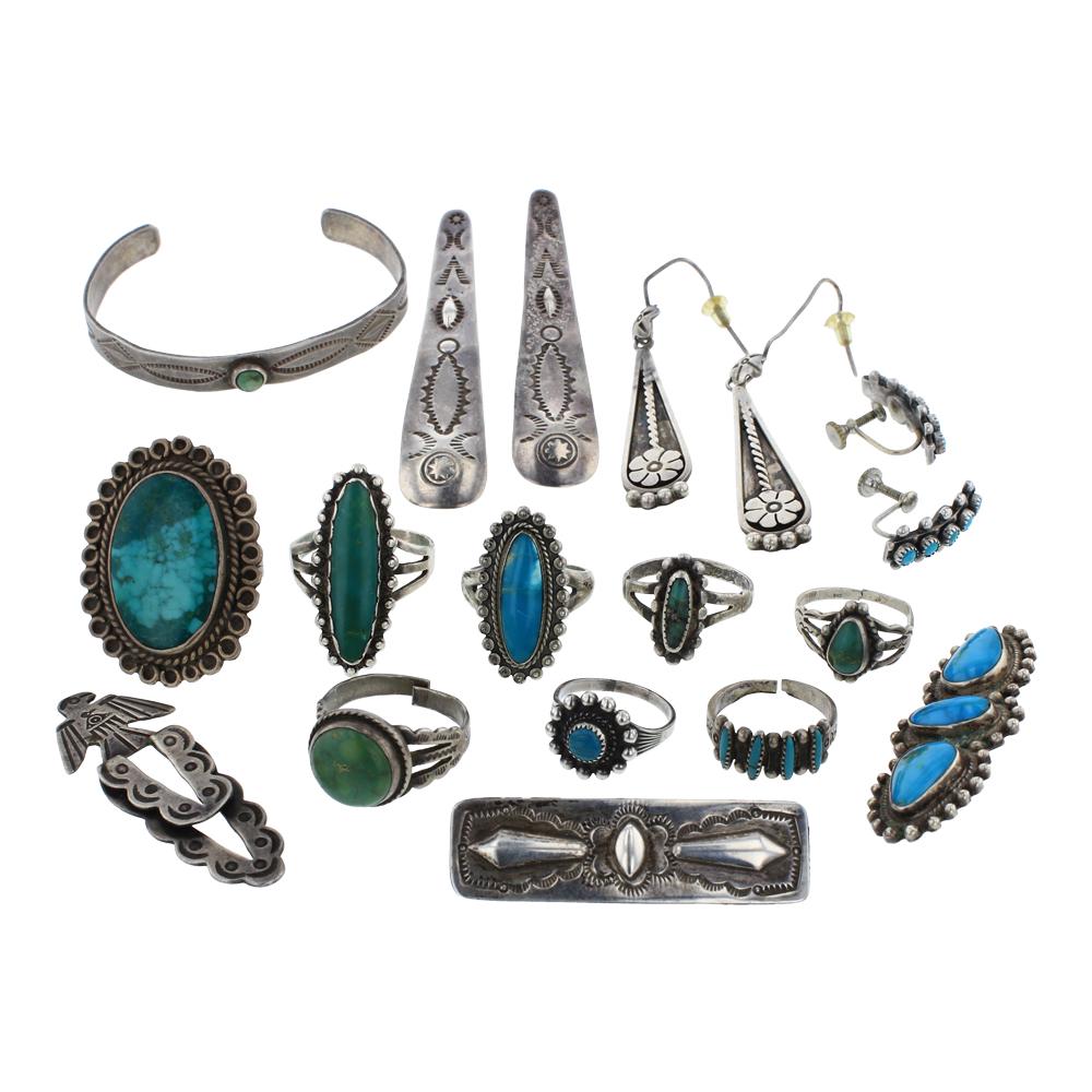 Fred Harvey Old Pawn Turquoise Jewelry Lot of 15 Pieces: Sterling Silver | Genuine Mixed Turquoise | Fred Harvey Old Pawn Turquoise Jewelry Lot of 15 Pieces | Navajo Native American Southwest Indian Jewelry | Weight: 80.7 Grams, | Dimensions: (3 sets) Earri