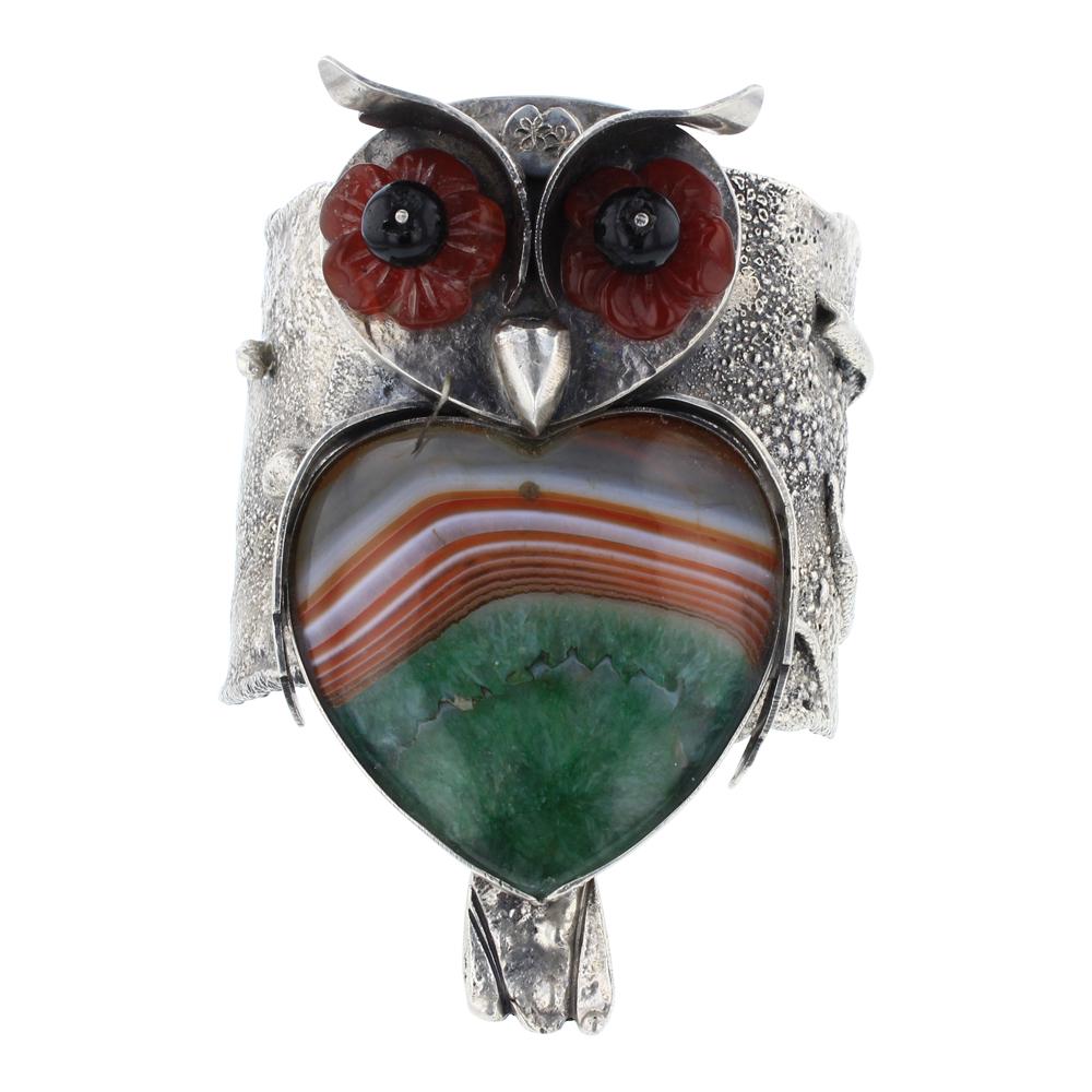 Vintage Carnelian & Botswana Agate Owl Cuff Bracelet: Sterling Silver | Genuine Carnelian Botswana Agate | Vintage Carnelian & Botswana Agate Owl Cuff Bracelet | Navajo Native American Southwest Indian Jewelry | Weight: 164.9 Grams, | Dimensions: Bracele