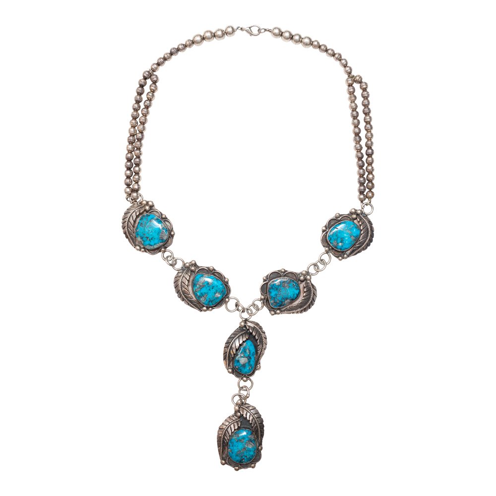 VBT Old Pawn Morenci Turquoise Necklace: Sterling Silver | Genuine Morenci Turquoise | VBT Old Pawn Morenci Turquoise Necklace | Navajo Native American Southwest Indian Jewelry | Weight: 133.9 Grams, | Dimensions: Necklace: 22" length, 1.25"