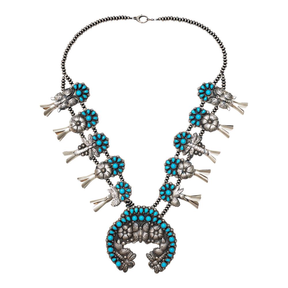 Larry Martinez Chavez Gem Grade Sleeping Beauty: Sterling Silver | Genuine Gem Grade Sleeping Beauty Turquoise | Larry Martinez Chavez Gem Grade Sleeping Beauty Turquoise Museum Quality Squash Blossom Necklace "The Garden" | Navajo Native American S