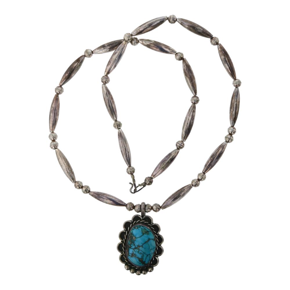 Old Pawn Turquoise Pendant & Fluted Beads Necklace (1 of 3)