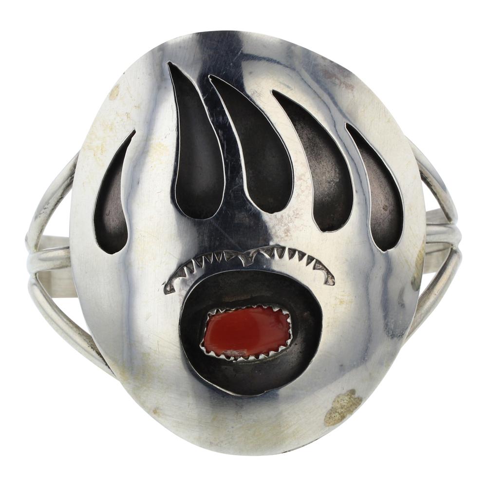 Pearlene Spencer Freeform Coral Bear Paw Bracelet: Sterling Silver | Genuine Coral | Pearlene Spencer Freeform Coral Bear Paw Bracelet | Navajo Native American Southwest Indian Jewelry | Weight:26.9 Grams, | Dimensions: Bracelet: 5" inner, 1.25" gap,