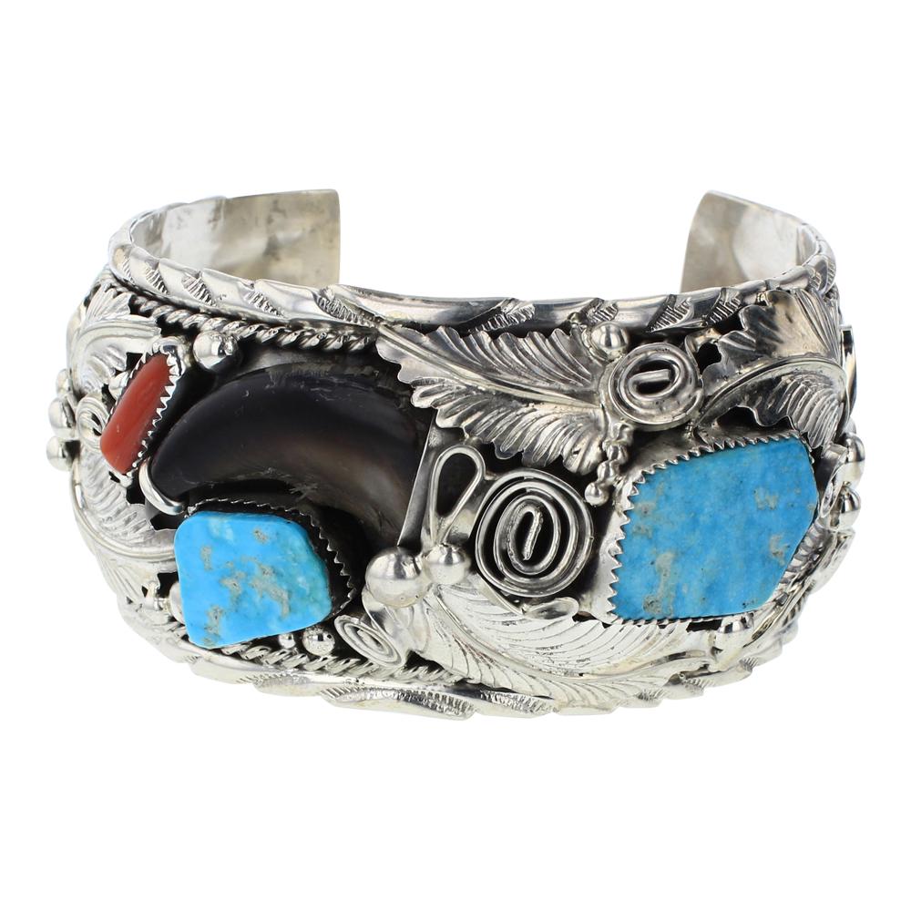 Vintage Kingman Turquoise & Coral Bear Claw Cuff (1 of 4)