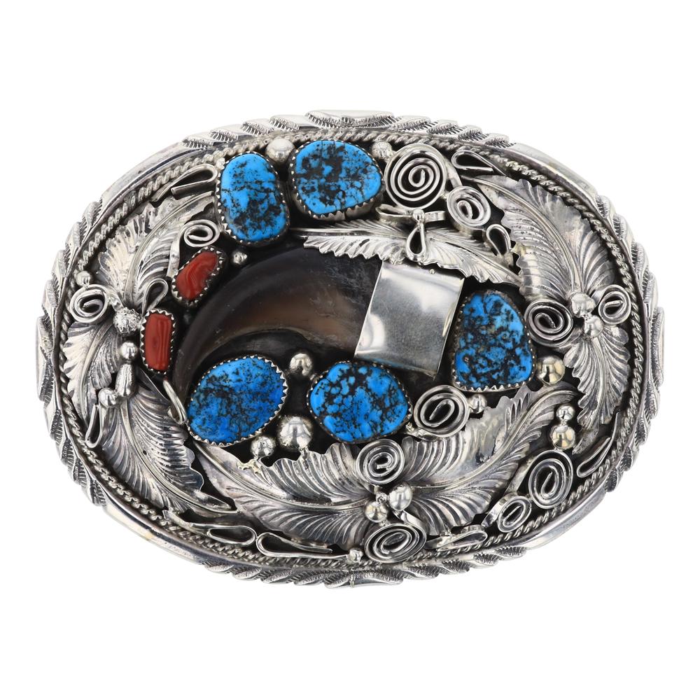 Vintage Turquoise & Coral Large Bear Claw Belt Buckle (1 of 2)