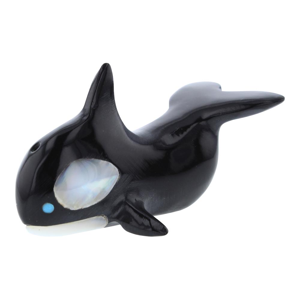 Calvert Bowannie Zuni Carved Black Jade & Mother of: Sterling Silver | Genuine Back Jade & Mother of Pearl | Calvert Bowannie Zuni Carved Black Jade & Mother of Pearl Orca Whale Fetish | Zuni Native American Southwest Indian Hand Carved Stone Fetishes |