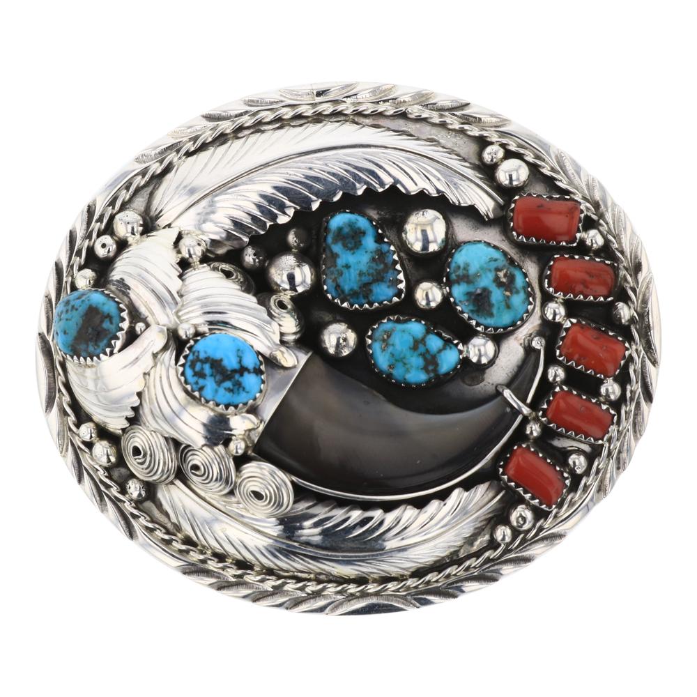 Kingman Turquoise & Coral Bear Claw Belt Buckle (1 of 2)