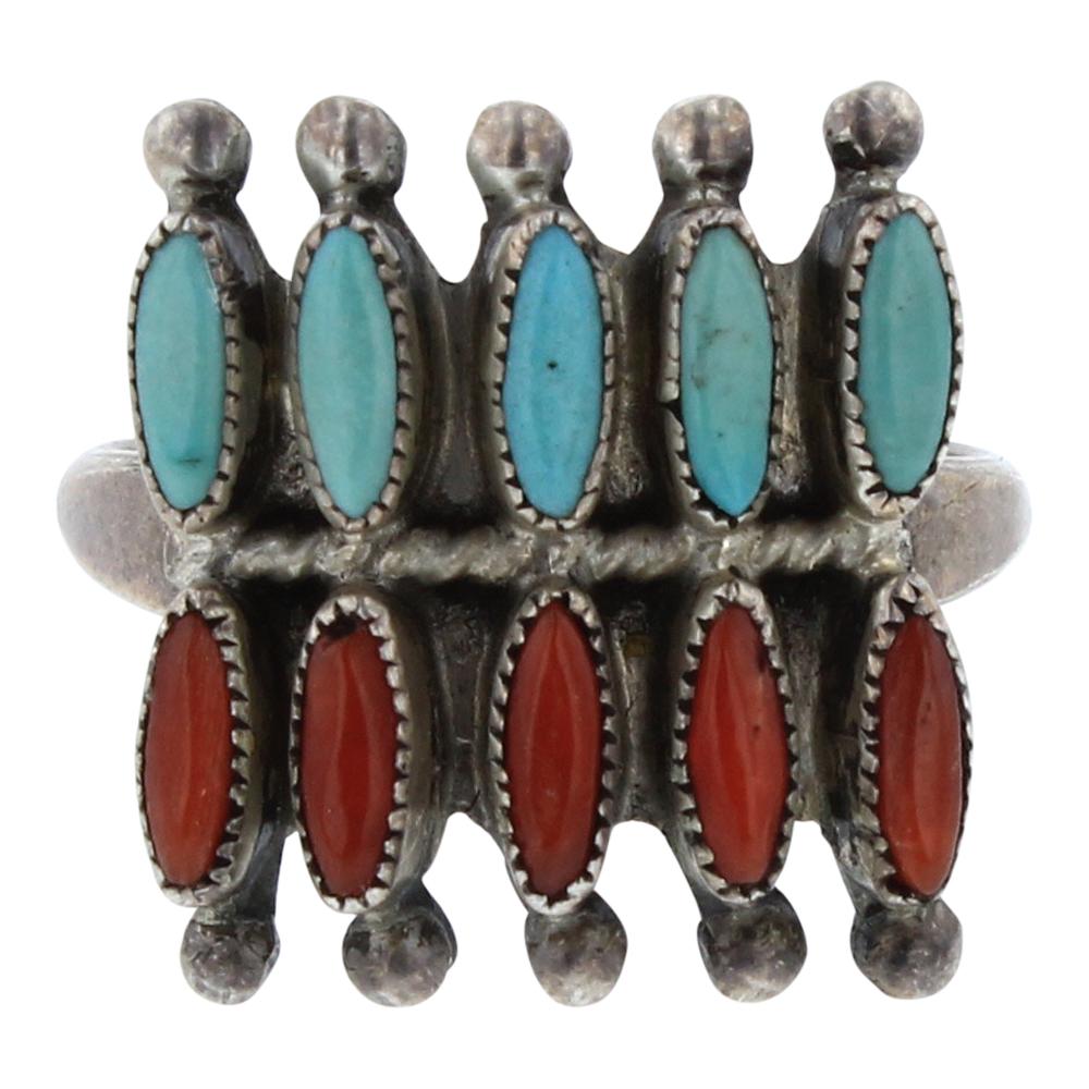 Old Pawn Turquoise & Coral Needlepoint Zuni Ring (1 of 3)