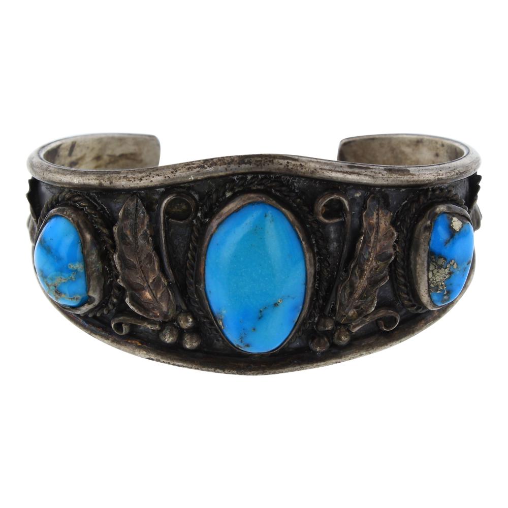 Old Pawn Morenci Turquoise Feather Cuff Bracelet (1 of 3)