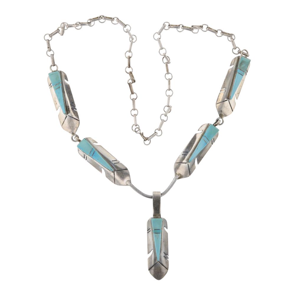 Marylin Yazzie Turquoise Inlay Feather Necklace: Sterling Silver | Genuine Turquoise | Marylin Yazzie Turquoise Inlay Feather Necklace | Navajo Native American Southwest Indian Jewelry | Weight: 25.1 Grams, | Dimensions: Necklace: 18" length, .5" x