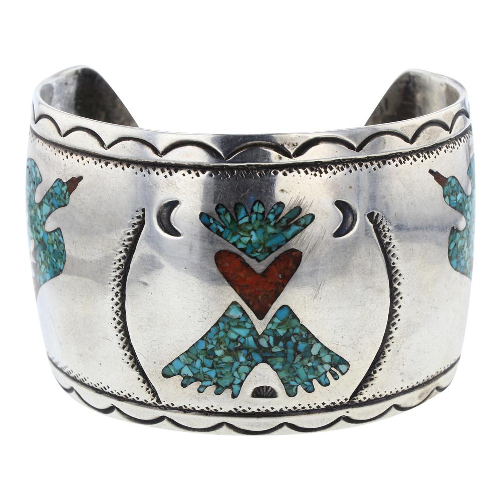 Old Pawn Turquoise & Coral Chip Inlay Thunderbird Cuff (1 of 4)