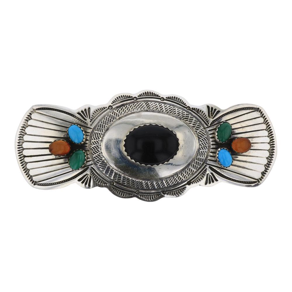 Lorenzo James Black Onyx Turquoise & Amber Hair: Sterling Silver | Genuine Black Onyx, Turquoise, Amber, & Malachite | Lorenzo James Black Onyx Turquoise & Amber Hair Barrette | Navajo Native American Southwest Indian Jewelry | Weight:35.3 Grams, |