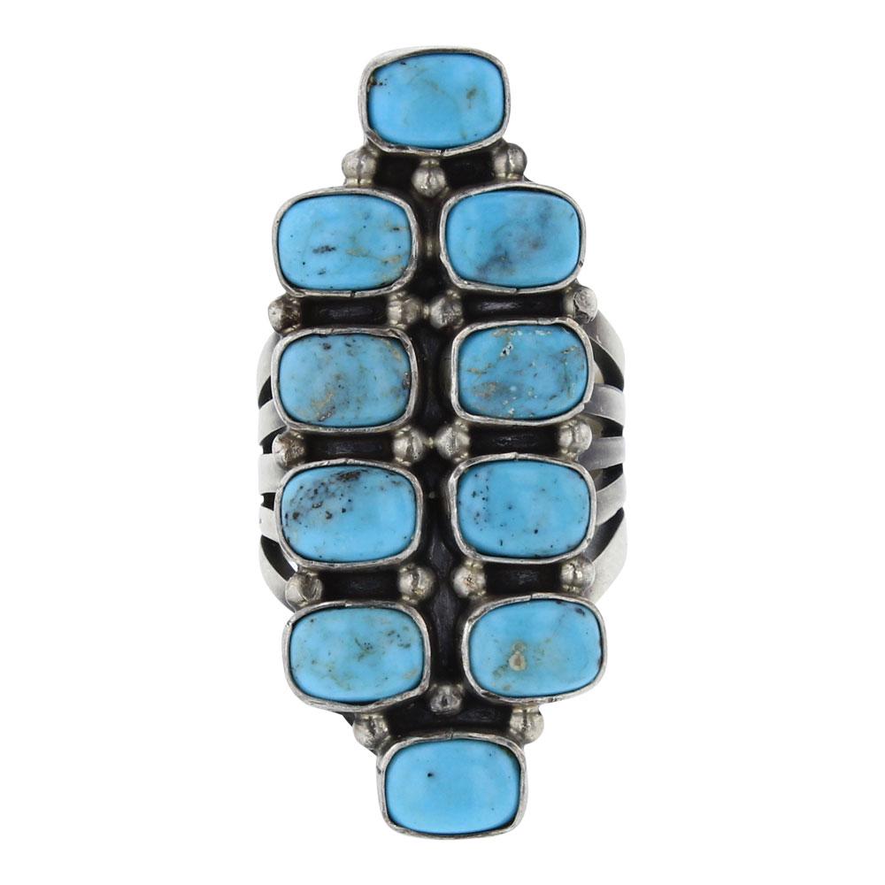 MJ Kingman Turquoise Cushion Cut Row Ring: Sterling Silver | Genuine Kingman Turquoise | MJ Kingman Turquoise Cushion Cut Row Ring | Navajo Native American Southwest Indian Jewelry | Weight:13.3 Grams, | Dimensions: Ring: 6.25 size, 1.5" face
