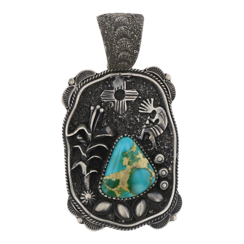 Larry Martinez Chavez Royston Turquoise Kokopelli Corn: Sterling Silver | Genuine Royston Turquoise | Larry Martinez Chavez Royston Turquoise Kokopelli Corn & Zia Symbol Pendant | Navajo Native American Southwest Indian Jewelry | Weight:46.4 Grams, | Dimen
