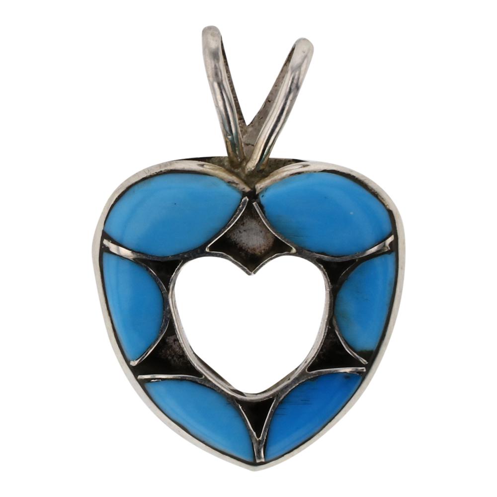 L. Laikawete Zuni Turquoise Heart Inlay Pendant: Sterling Silver | Genuine Turquoise | L. Laikawete Zuni Turquoise Heart Inlay Pendant | Zuni Native American Southwest Indian Jewelry | Weight:1.5 Grams, | Dimensions: Pendant: 3/4" x 1" | Signed: L L